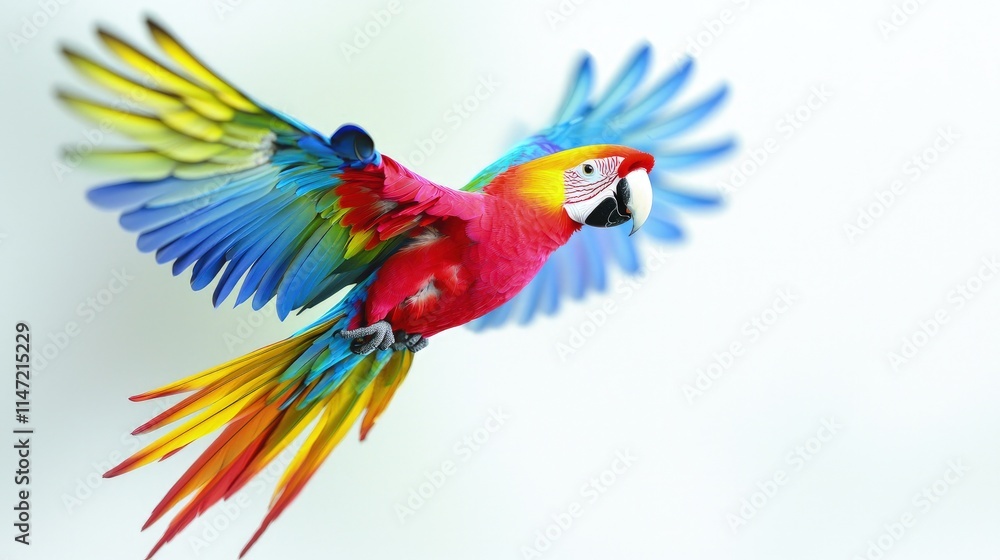 Obraz premium Vibrant multi-colored macaw parrot flying gracefully with wings spread wide against a clean, bright background.