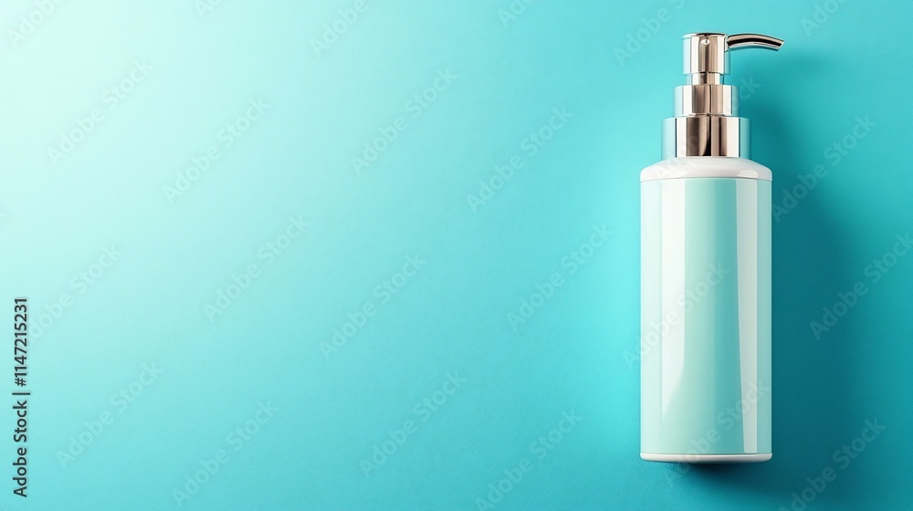 Shampoo bottle mockup with a sleek pump dispenser isolated against a smooth gradient blue background Shampoo bottle mockup with a sleek pump dispenser isolated against a smooth gradient blue background