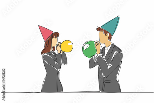 Single one line drawing businessman and businesswoman wearing party hats blowing up balloons. Top priority is celebration, not work. National Goof Off Day. Continuous line design graphic illustration