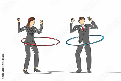 Single one line drawing businessman and businesswoman playing hula hoop. Ignore the piling work. Laze around playing in the office. National Goof Off Day. Continuous line design graphic illustration