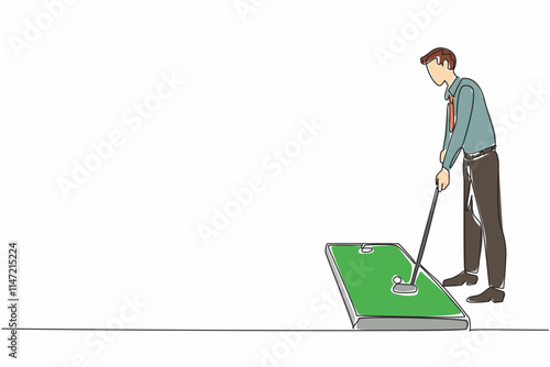 Continuous one line drawing businessman in tie playing mini golf in room. Work can be done later. Today is a play day at the office. National Goof Off Day. Single line draw design vector illustration