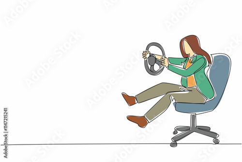 Single one line drawing businesswoman sit on chair playing with car steering wheel. Holiday alone. Very lazy to activities in office. National Goof Off Day. Continuous line design graphic illustration