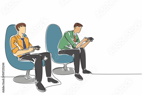 Single continuous line drawing two business men holding wireless game console sticks. Playing football games at the office. Lazy day at work. National Goof Off Day. One line design vector illustration
