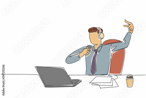 Single continuous line drawing businessman sitting on chair wearing headphones. Lazing around. Singing happily. Channeling hobbies. Exciting. National Goof Off Day. One line design vector illustration
