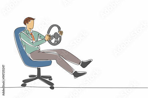 Continuous one line drawing a businessman sit on office chair playing with the steering wheel. Latest car racing game. Lazy day. National Goof Off Day. Single line draw design vector illustration