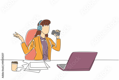 Continuous one line drawing young businesswoman sitting on a chair wearing headphones. Lazing around singing karaoke in the office. National Goof Off Day. Single line draw design vector illustration