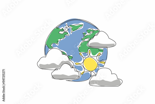 Single one line drawing the globe surrounded by several clouds and the sun. Experts predict the rainy season has not yet arrived. World Meteorological Day. Continuous line design graphic illustration
