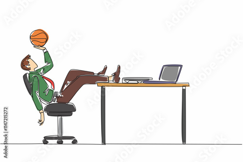 Single continuous line drawing businessman sitting back lazily holding basketball. Don't care about the amount of work. Exercising. Playing. National Goof Off Day. One line design vector illustration