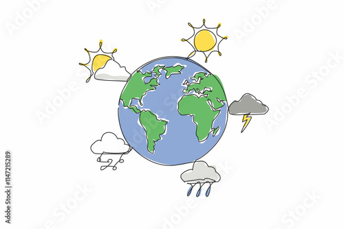 Continuous one line drawing globe surround by five weather forecast icons. Monitoring. Preparation before outdoor activities. World Meteorological Day. Single line draw design vector illustration