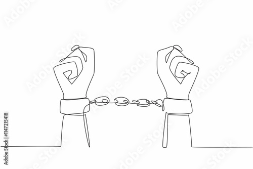 Single one line drawing two clenched hands chained together. The tragedy of slavery must not be repeated. Destroys the basic right to live in peace. Symbol. Continuous line design graphic illustration