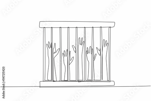 Continuous one line drawing five hands raised in cage. Slave trade that violates basic human rights. The cruelty of slavery. Urgently released. Dark times. Single line draw design vector illustration