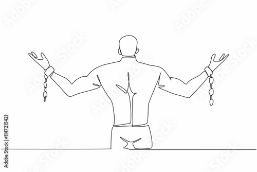 Single one line drawing a muscular man spreads his arms which are bound with broken chains. Free. Independent. Escape. Inhumane slavery. Bondage. Rights. Continuous line design graphic illustration