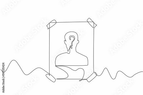 Single continuous line drawing the wanted people poster stuck on the wall. Odd. Strange. Curious. Staff member disappears without a trace. Seeking justice. Rights. One line design vector illustration