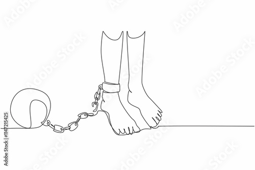 Single continuous line drawing feet shackled by metal prison ball chains whose chains are broken. Bitter memories of dark times. Human rights are not fulfilled. One line design vector illustration