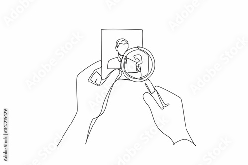 Continuous one line drawing hand pointing magnifier at silhouette image of person. Massive searches conducted. Searching for staff members suddenly missing. Single line draw design vector illustration