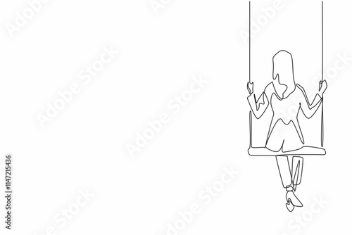 Single one line drawing businesswoman sitting pensively on swing. Elegant style with gloomy mood. Work relations arrested. Trying to find justice. Missing. Continuous line design graphic illustration