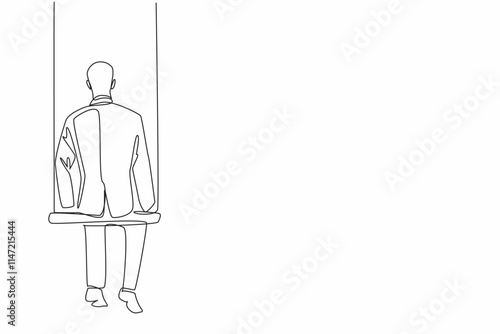 Continuous one line drawing businessman sits on a swing. Alone missing a work partner who disappeared. Missing the time of working on projects together. Single line draw design vector illustration