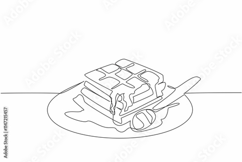 Continuous one line drawing a square waffle dish drizzled with honey. Appetizing food. Delicious. Sweet. Crunchy. Savory. Tasty. International Waffle Day. Single line draw design vector illustration