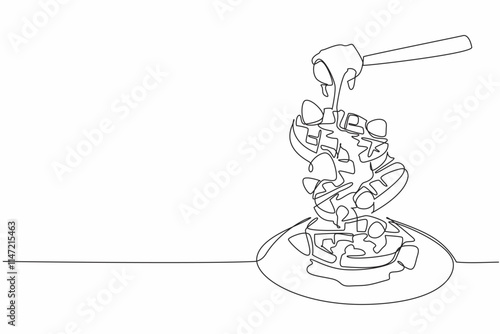 Single continuous line drawing round stacked waffles floating on a round plate. Pour honey for a more delicious taste sensation. Savory. International Waffle Day. One line design vector illustration