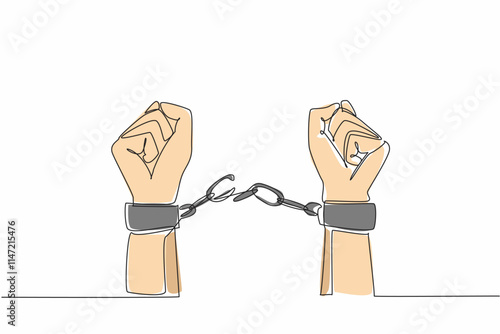Single continuous line drawing hands free from shackles. Fight against injustice. Restore the dignity of victims. Put up resistance. Sue human rights violators. One line design vector illustration