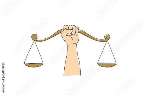 Continuous one line drawing hands gripping the center of the scale. Demanding a sense of justice. Social justice is a right for all people. Balance. Equal. Single line draw design vector illustration