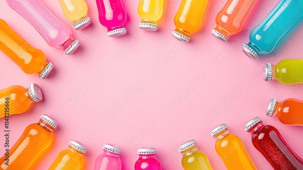 Naklejka premium minimalistic pink background featuring an array of colorful soda bottles