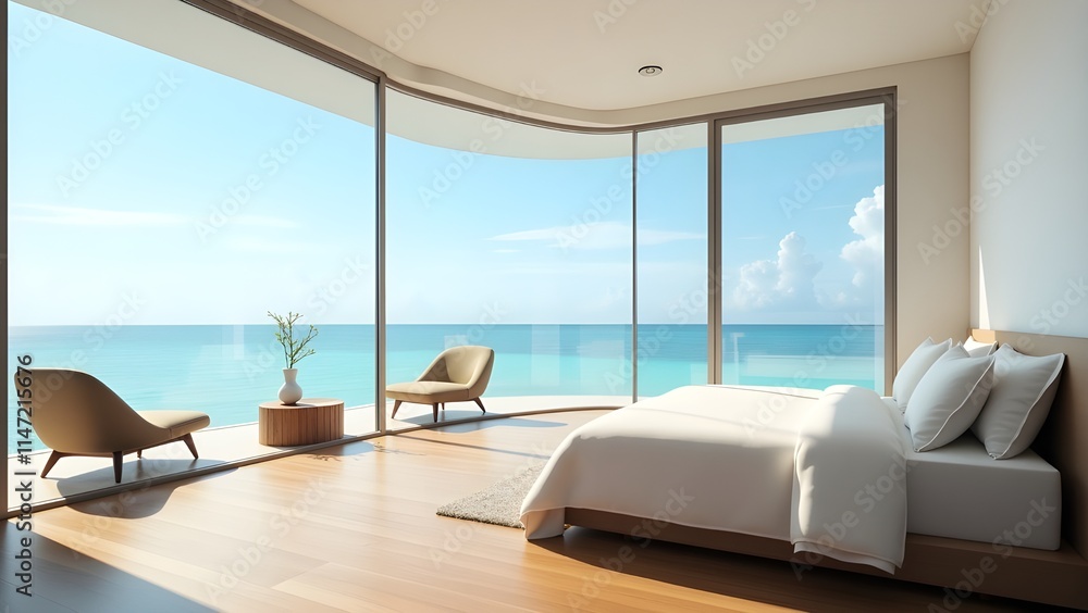 A minimalist resort room with ocean views through a large glass window A minimalist resort room with ocean views through a large glass window