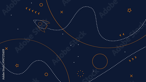Vector illustration. Simple panoramic outer space wallpaper. Cosmos exploration concept. Childish liner drawn backdrop. Modern art graphics. Design elements for web banner, website template