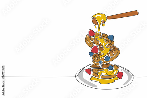 Single continuous line drawing round stacked waffles floating on a round plate. Pour honey for a more delicious taste sensation. Savory. International Waffle Day. One line design vector illustration