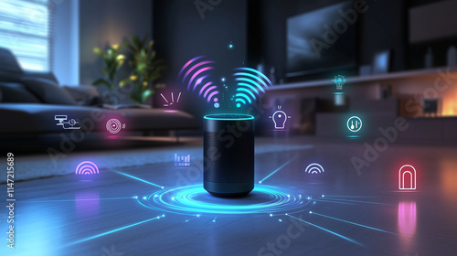 A smart speaker in a living room displays holographic icons representing smart home features like lighting, security, and climate control