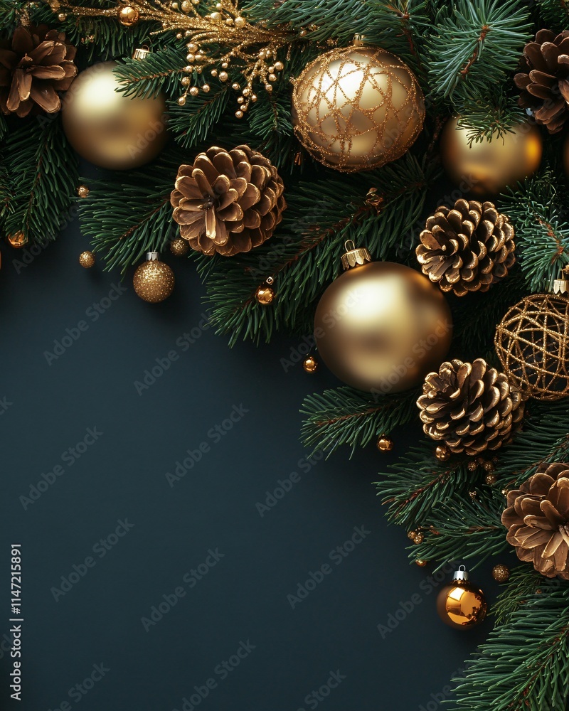Frame of Christmas golden balls and branches Frame of Christmas golden balls and branches