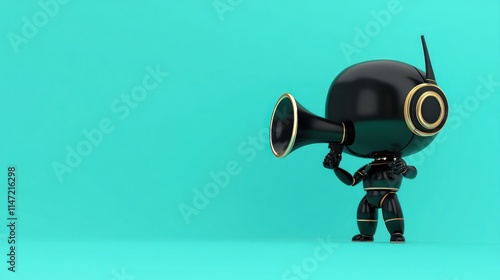 futuristic black robot with megaphone on turquoise background