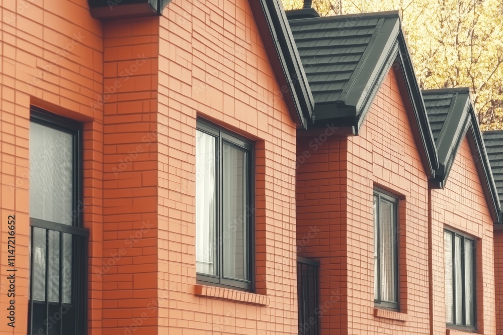 A row of modern orange brick houses with black roofs and windows. A row of modern orange brick houses with black roofs and windows.