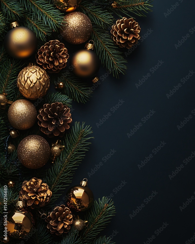 Golden Christmas balls and pine cones with copy space Golden Christmas balls and pine cones with copy space