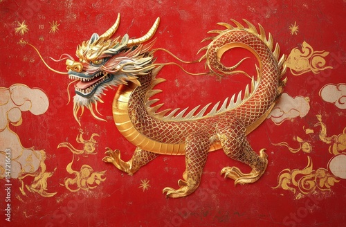 Ornate Golden Dragon on Red Background Traditional Art