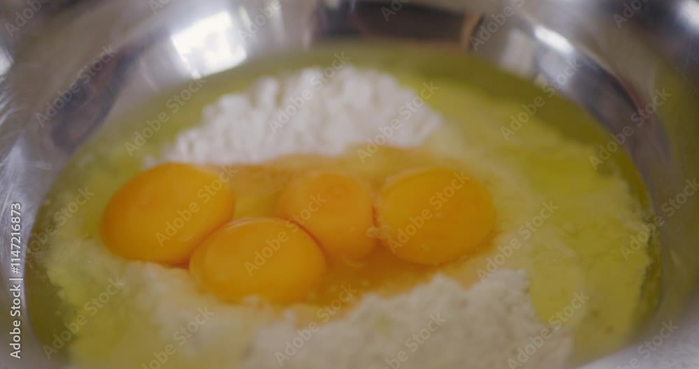 Raw eggs cracked into flour in bowl Raw eggs cracked into flour in bowl