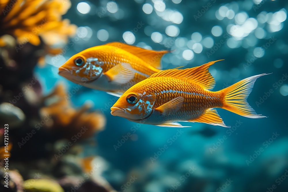 Naklejka premium Two vibrant orange fish gracefully swim amidst a stunning underwater coral reef scene.