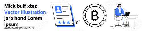 Profile sheet with five-star rating, Bitcoin coin symbol, person working at desk with laptop. Ideal for remote work, blockchain, digital currencies, modern employment, tech-savvy professionals