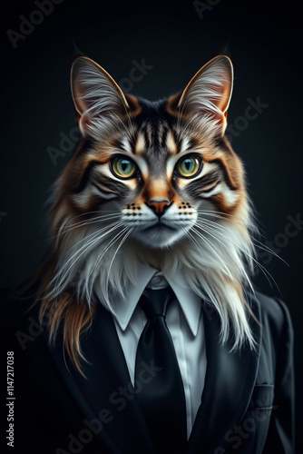 A Majestic Maine Coon Cat in a Sharp Suit: A Portrait of Feline Elegance and Sophistication