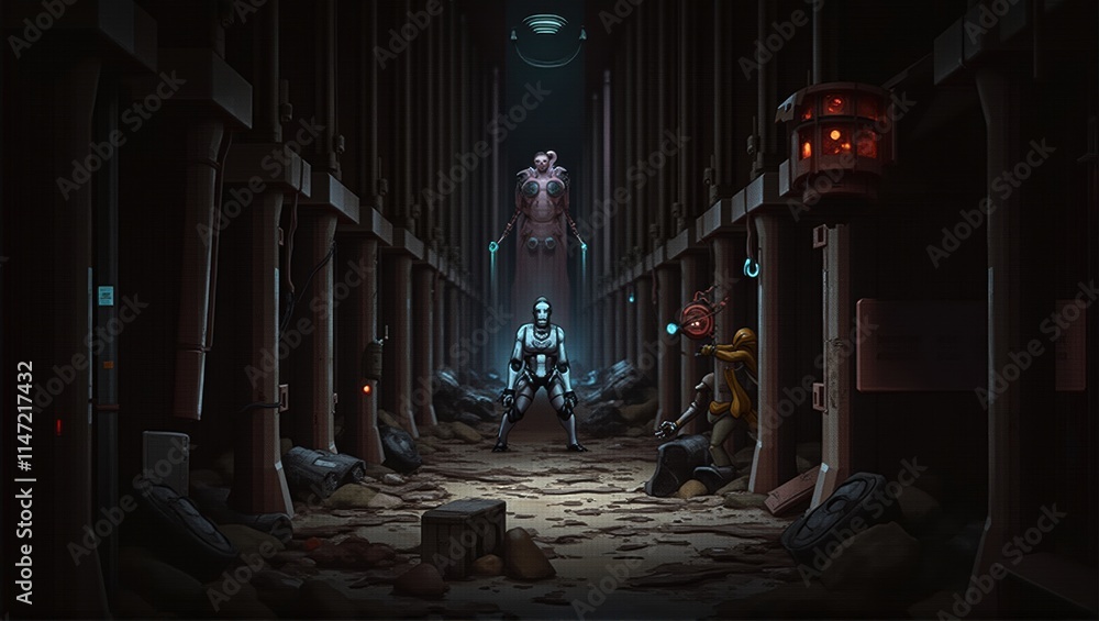 A dark, pixel-art sci-fi corridor with glowing orange lights and scattered debris. The atmosphere is mysterious, with blue lights illuminating the distant end. Generative, AI, A dark, pixel-art sci-fi corridor with glowing orange lights and scattered debris. The atmosphere is mysterious, with blue lights illuminating the distant end. Generative, AI,