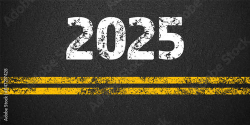 Asphalt road with yellow lane marking, concrete highway surface, texture. New year 2025. Street traffic line, road dividing strip. Pattern grainy structure, grunge background. Vector illustration