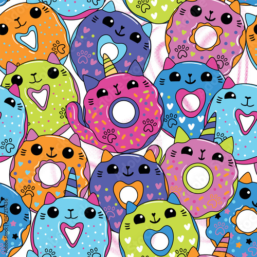 Seamless pattern with cartoon cat donuts in kawaii style on dots background. Unicorn Kittens donut. Funny girlish print for textile, wraping paper