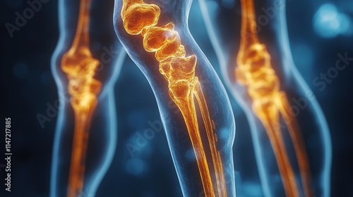 3D rendering of human legs highlighting knee joints and bones. photo