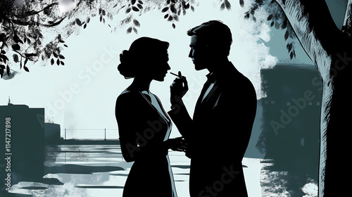 Man and woman gossip by the river characters macabre noir people emotions conspiracy sneak whisper snitch out denunciation. Whisper. Illustration