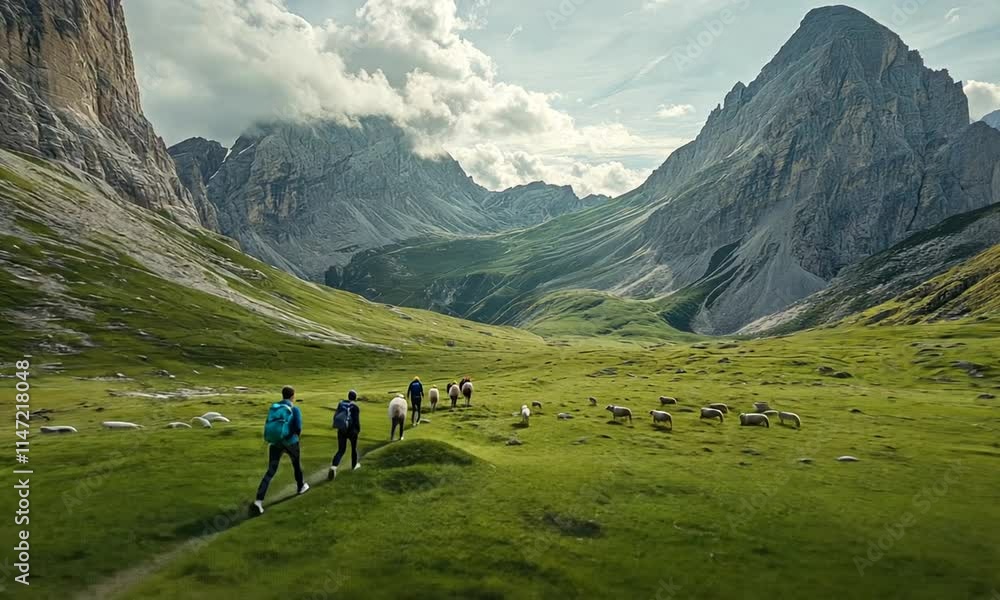 Hikers and Sheep in Majestic Mountain Valley Hikers and Sheep in Majestic Mountain Valley