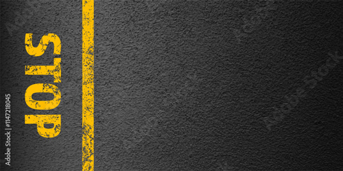 Asphalt road with stop lane marking, concrete highway surface, texture. Street traffic line, road dividing strip. Pattern with grainy structure, grunge stone background. Vector illustration