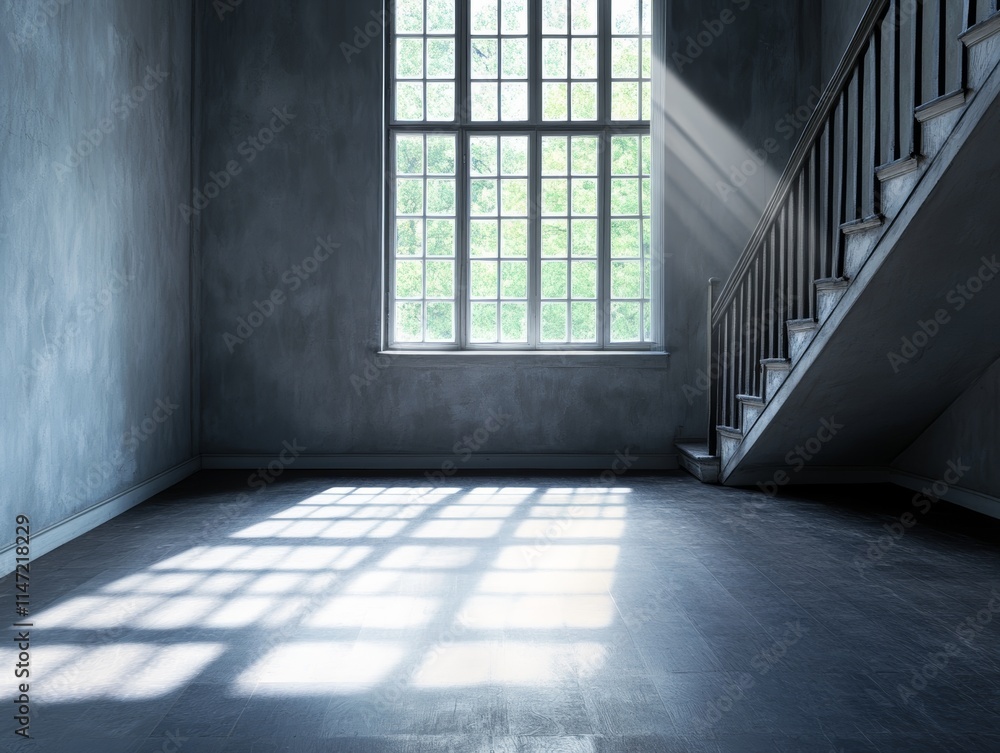 A serene interior with a staircase and large window casting shadows on the floor. A serene interior with a staircase and large window casting shadows on the floor.