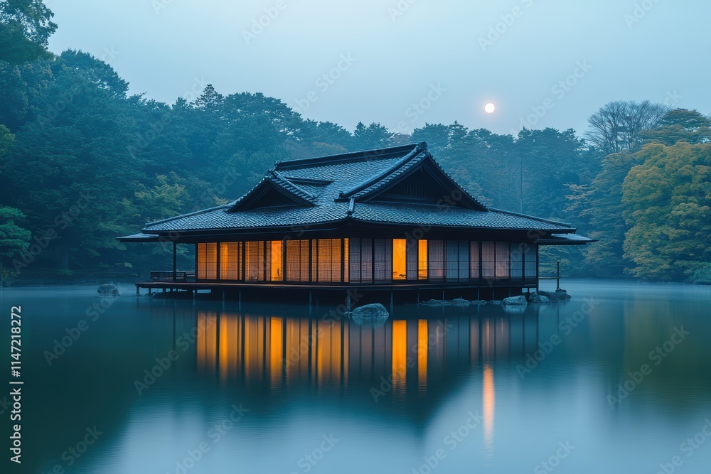 Japanese-style building reflecting in calm waters under a full moon amidst a serene forest Japanese-style building reflecting in calm waters under a full moon amidst a serene forest