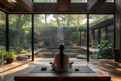 Healing space with meditation and singing bowl ceremony surrounded by nature photo