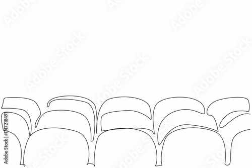 Single continuous line drawing rows of theater seats. share the experience of enjoying entertainment together. Comfortable chairs. Theatrical. World Theatre Day. One line design vector illustration